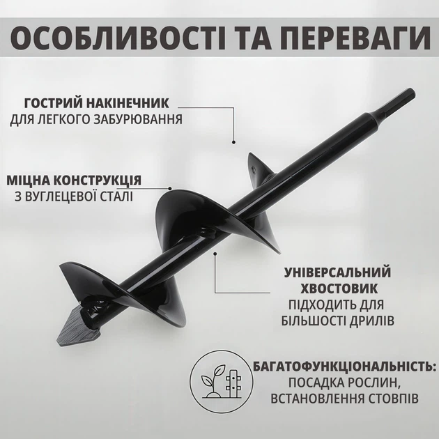 Бур садовый шнековый для дрели (шуруповерта) 8 х 30 см инструментальная сталь черный - изображение 8