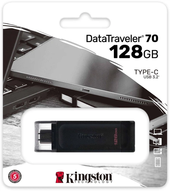 USB Flash Kingston 128GB USB-C 3.2 Gen 1 DataTraveler 70, Retail - зображення 3