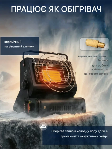 Портативний газовий обігрівач-плита 2в1 1.3 кВт Happy Hоme + туристична газова плитка на цанговий балон 220 г - Фото 2 Портативний газовий обігрівач-плита 2в1 1.3 кВт Happy Hоme + туристична газова плитка на цанговий балон 220 г - изображение 2