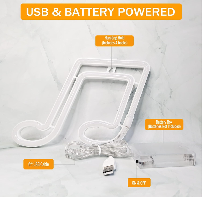 Декоративный настенный неоновый светильник "Нота" на батарейках/USB 16.3*24 см - изображение 5