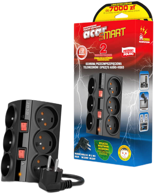 Listwa przeciwprzepięciowa Acar SMART 6 gniazd 5 m Black (5904743390006) - obraz 2
