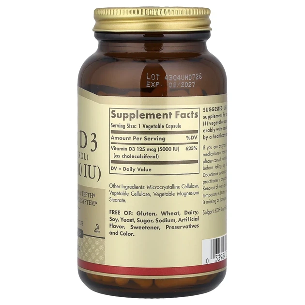 Вітамін D3 (холекальциферол) Solgar (Vitamin D3) 125 мкг (5000 МО) 240 вегетаріанських капсул (SOL-03314) - изображение 2