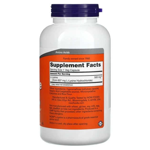 L-лізин NOW Foods (L-Lysine) 500 мг 250 вегетаріанських капсул (NOW-00112) - изображение 2