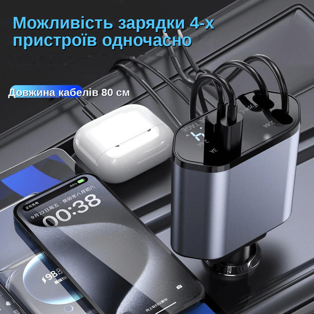 Автомобільна швидка зарядка від прикурювача RolloCar з висувними кабелями Type-C 2 шт., USB, Вольтметр - зображення 7