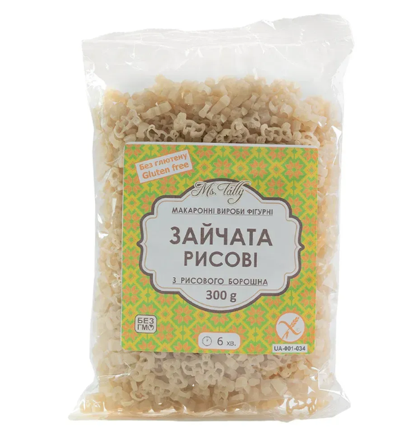 Фiгурнi макарони рисовi “Зайчата” 300 г, TM Ms.Tally - Фото 1 Фiгурнi макарони рисовi “Зайчата” 300 г, TM Ms.Tally - зображення 1