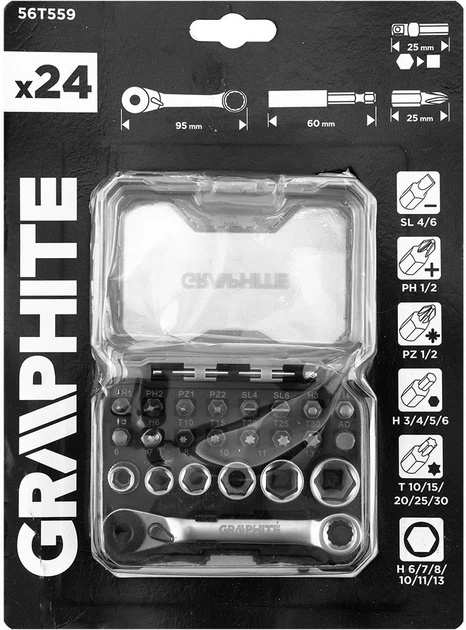 Набір біт та головок Graphite 25 мм з тріскачкою та магнітним тримачем 60 мм 24 шт. 56T559 (5902062119827) - зображення 2
