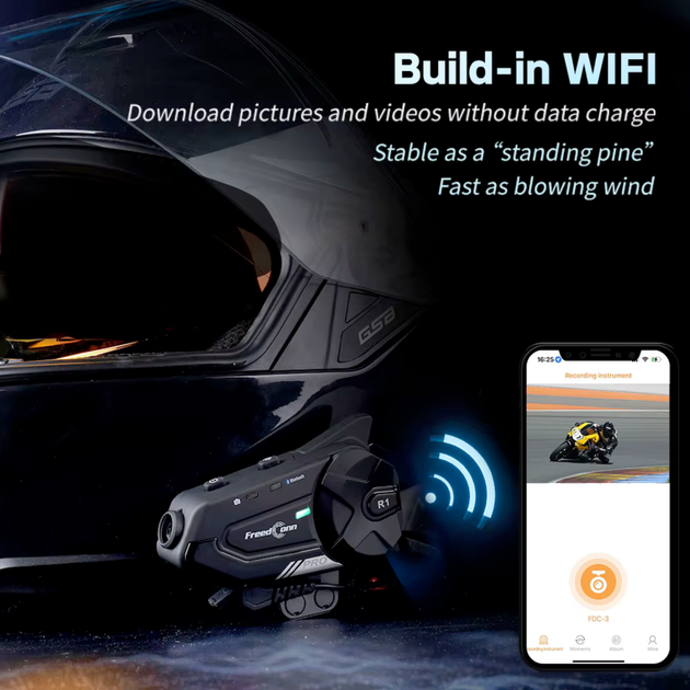 Мотогарнітура FreedConn R1-PRO 2K з камерою та Bluetooth інтеркомом до 1000 м Wi-Fi 1500 мАг - Фото 5 Мотогарнітура FreedConn R1-PRO 2K з камерою та Bluetooth інтеркомом до 1000 м Wi-Fi 1500 мАг - зображення 5