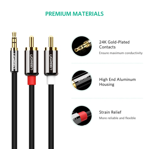 Аудіокабель UGREEN AV116 3.5mm Male to 2RCA Male Cable 5m Black (UGR-10591) - зображення 7