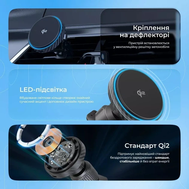 Автодержатель с беспроводной зарядкой Proove Graphite Circle Qi2 15W Black - изображение 5