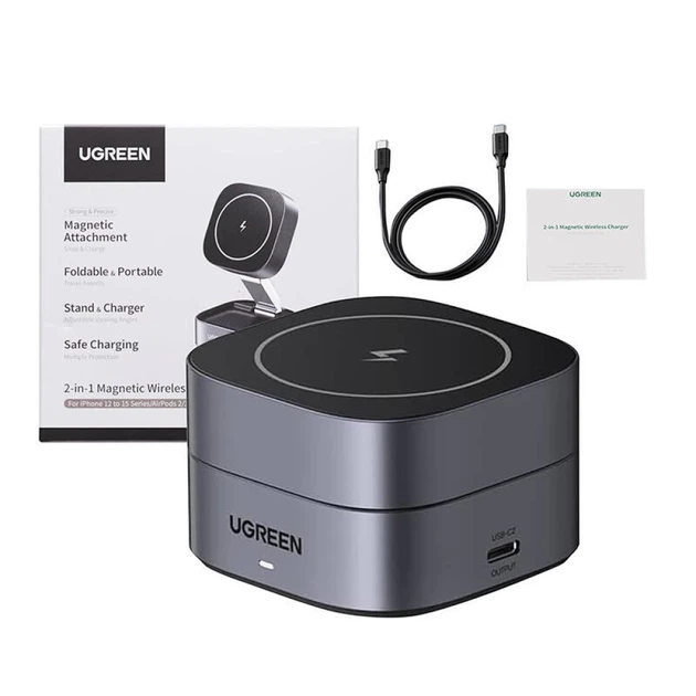 Бездротовий зарядний пристрій Ugreen W256 2-in-1 для iPhone | AirPods with cable USB-C 1 m 20W Black (6941876232789) - зображення 3