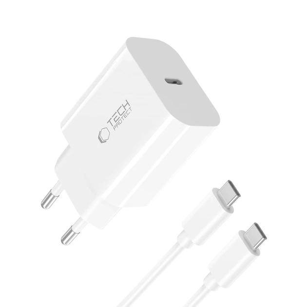 Мережевий зарядний пристрій Tech-Protect NC20W 20W USB-C with USB-C to USB-C Cable 1 m White (5906302361588) - зображення 2