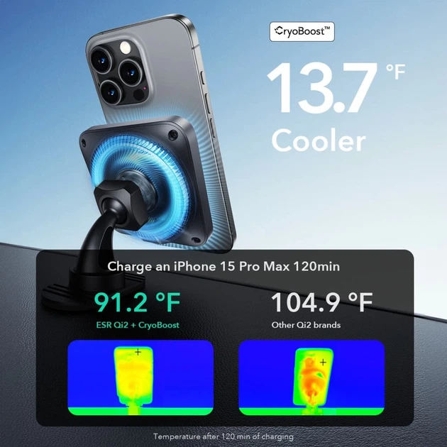 Автодержатель с функцией беспроводной зарядки ESR Halolock Cryoboost Magnetic Qi2 15W Frosted Onyx with MagSafe (4894240229286) - изображение 4