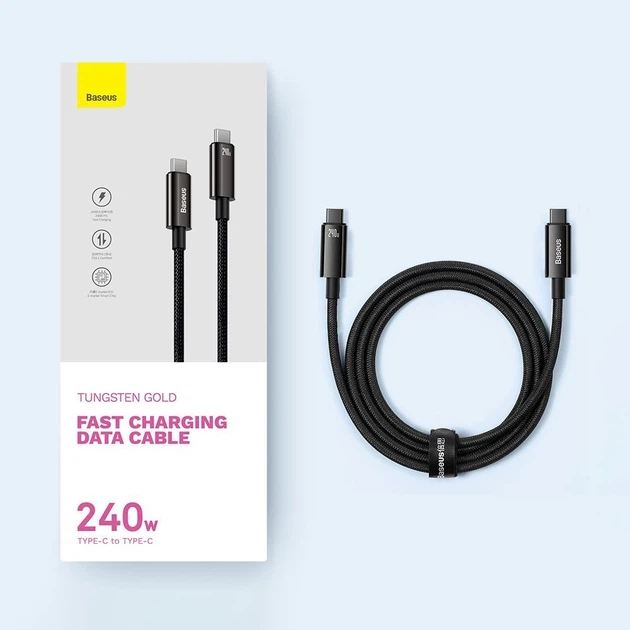 Кабель Baseus Tungsten Gold USB-C to USB-C QC PD 3.1 480Mb/s 240W 1 m Black (CAWJ040001) - изображение 5