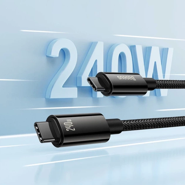 Кабель Baseus Tungsten Gold USB-C to USB-C QC PD 3.1 480Mb/s 240W 1 m Black (CAWJ040001) - изображение 9