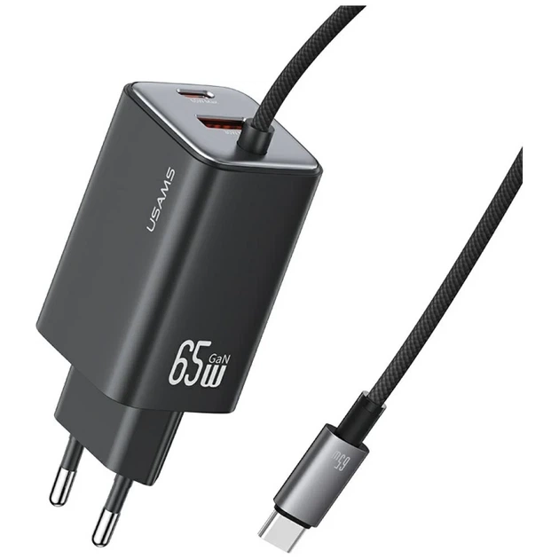 Сетевое зарядное устройство Usams JC Series PD/QC 65W USB-C | USB-A with Built-In USB-C Cable Black (CC266TC01) - Фото 1 Сетевое зарядное устройство Usams JC Series PD/QC 65W USB-C | USB-A with Built-In USB-C Cable Black (CC266TC01) - изображение 1