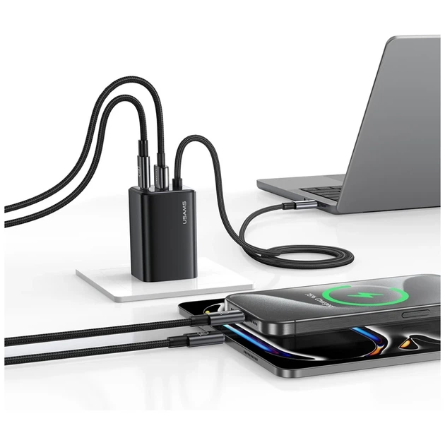 Сетевое зарядное устройство Usams JC Series PD/QC 65W USB-C | USB-A with Built-In USB-C Cable Black (CC266TC01) - Фото 6 Сетевое зарядное устройство Usams JC Series PD/QC 65W USB-C | USB-A with Built-In USB-C Cable Black (CC266TC01) - изображение 6
