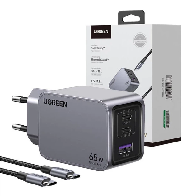 Мережевий зарядний пристрій Ugreen Nexode Pro 65W USB-A | 2x USB-C with Cable USB-C 1.5 m Black (6941876228713) - зображення 2