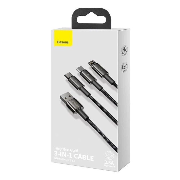 Кабель Baseus Tungsten 3-in-1 USB-A to USB-C/Lightning/Micro-USB 1.5m Black (CAMLTWJ-01) - Фото 5 Кабель Baseus Tungsten 3-in-1 USB-A to USB-C/Lightning/Micro-USB 1.5m Black (CAMLTWJ-01) - изображение 5