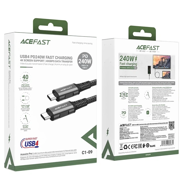 Кабель Acefast PD USB-С to USB-С 48W 1m Silver Black (C1-09) - Фото 2 Кабель Acefast PD USB-С to USB-С 48W 1m Silver Black (C1-09) - зображення 2