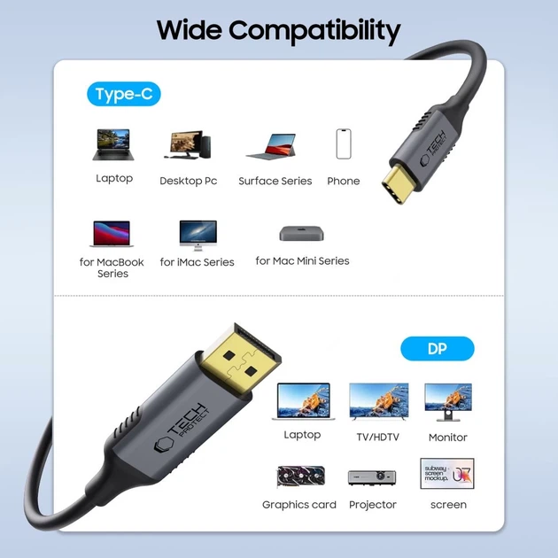 Кабель Tech-Protect UltraBoost USB-C to DisplayPort 1.4 8K 60Hz 1.8 m Black (5906302321780) - изображение 2
