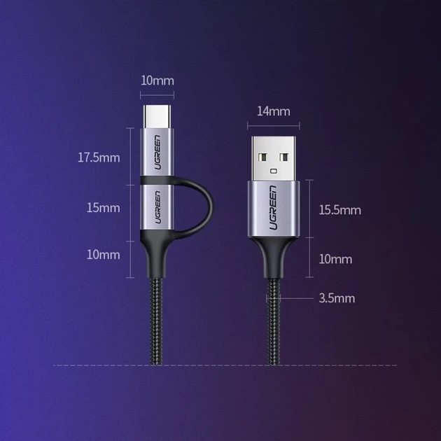 Кабель Ugreen 2-in-1 USB-A/micro USB/USB Type-C 2.4A 1m Black (UGR243BLKGRY) - зображення 13