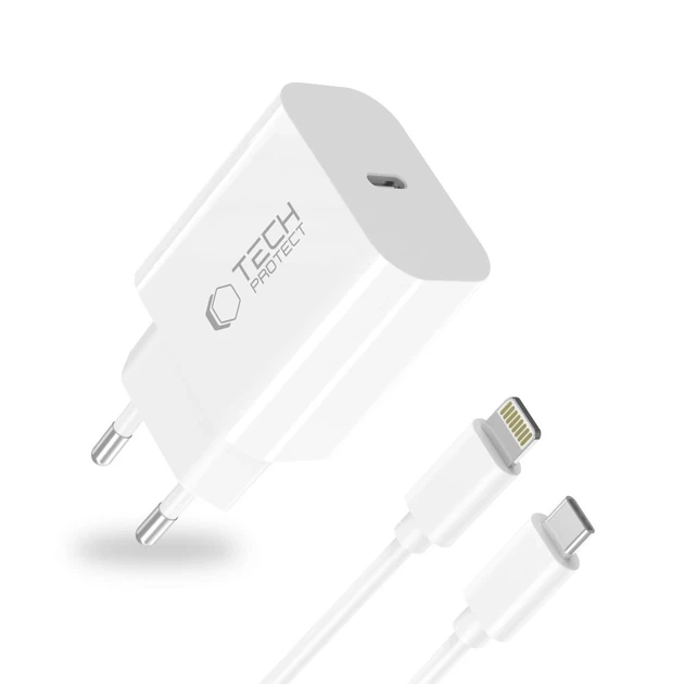 Мережевий зарядний пристрій Tech-Protect NC20W PD 20W USB-C with USB-C to Lightning Cable 1 m White (5906302362899) - зображення 2