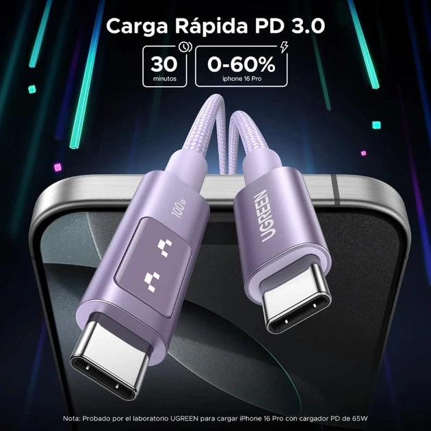Кабель Ugreen Uno USB-C to USB-C 100W 2m Purple (6941876262168) - Фото 8 Кабель Ugreen Uno USB-C to USB-C 100W 2m Purple (6941876262168) - зображення 8