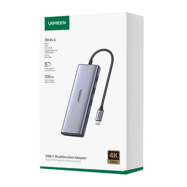 USB-хаб Ugreen CM498 10-in-1 USB-C to 3xUSB-A/USB-C/HDMI/VGA/RJ45/AUX 3.5mm/SD/TF Silver (15601) - Фото 6 USB-хаб Ugreen CM498 10-in-1 USB-C to 3xUSB-A/USB-C/HDMI/VGA/RJ45/AUX 3.5mm/SD/TF Silver (15601) - зображення 6