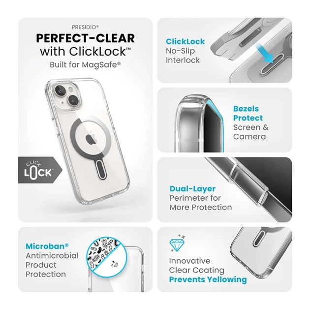Чехол Speck Presidio Perfect-Clear ClickLock для iPhone 15 | 14 | 13 Clear Chrome with MagSafe (150441-3199) - Фото 4 Чехол Speck Presidio Perfect-Clear ClickLock для iPhone 15 | 14 | 13 Clear Chrome with MagSafe (150441-3199) - изображение 4