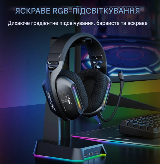 Бездротові ігрові навушники onikuma gt808 Tri-Mode з мікрофоном Bluetooth 5.3, 2.4 GHz, 3.5 мм, чорні - Фото 7 Бездротові ігрові навушники onikuma gt808 Tri-Mode з мікрофоном Bluetooth 5.3, 2.4 GHz, 3.5 мм, чорні - изображение 7
