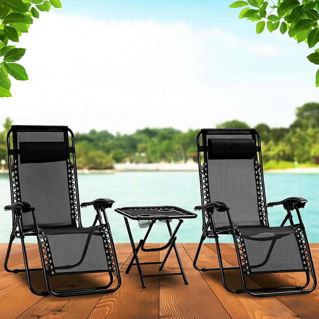 Комплект 2-а раскладных кресла-шезлонга и столик Zero Gravity LEOBRO LB-ZGT-F3-BLK до 120 кг, с регулировкой спинки, черные - Фото 2 Комплект 2-а раскладных кресла-шезлонга и столик Zero Gravity LEOBRO LB-ZGT-F3-BLK до 120 кг, с регулировкой спинки, черные - изображение 2