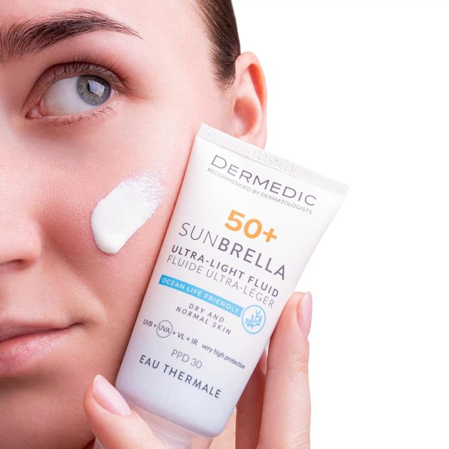 Ультралегкий защитный флюид Dermedic Sunbrella SPF 50+ для сухой и нормальной кожи 40 мл (5901643177546) - Фото 5 Ультралегкий защитный флюид Dermedic Sunbrella SPF 50+ для сухой и нормальной кожи 40 мл (5901643177546) - изображение 5
