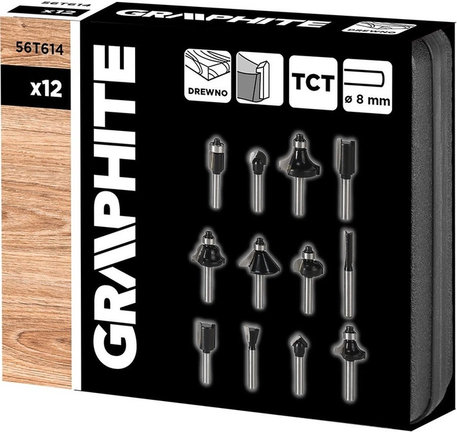 Zestaw frez widiowych Graphite do drewna 8 mm 12 szt. 56T614 (5902062117489) - obraz 2