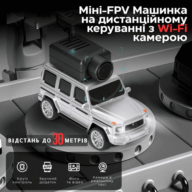 Міні FPV Машинка Mercedes (Гелендваген) 1:64 з Камерою на Даху 720P, Wi-Fi Управлінням Через Додаток, Записом Відео і LED-Підсвічуванням на Акумуляторі, Сірий — Подарунок для Дітей і Дорослих - зображення 2