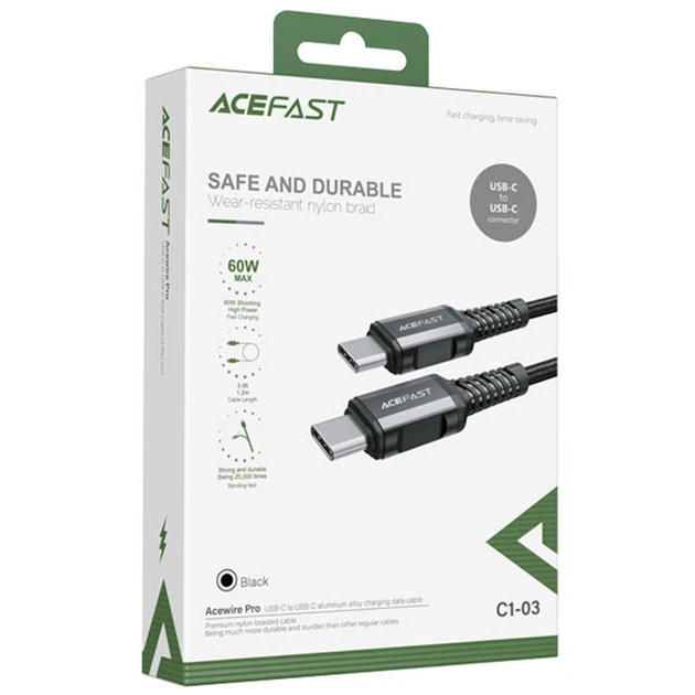 Дата кабель Acefast C1-03 Type-C to Type-C 60W (1.2m) Black - Фото 3 Дата кабель Acefast C1-03 Type-C to Type-C 60W (1.2m) Black - зображення 3