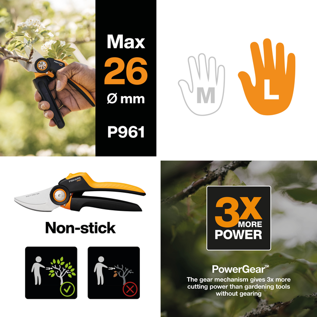 Секатор Fiskars X-series P961 Bypass до 26 мм (1057175) - Фото 4 Секатор Fiskars X-series P961 Bypass до 26 мм (1057175) - изображение 4