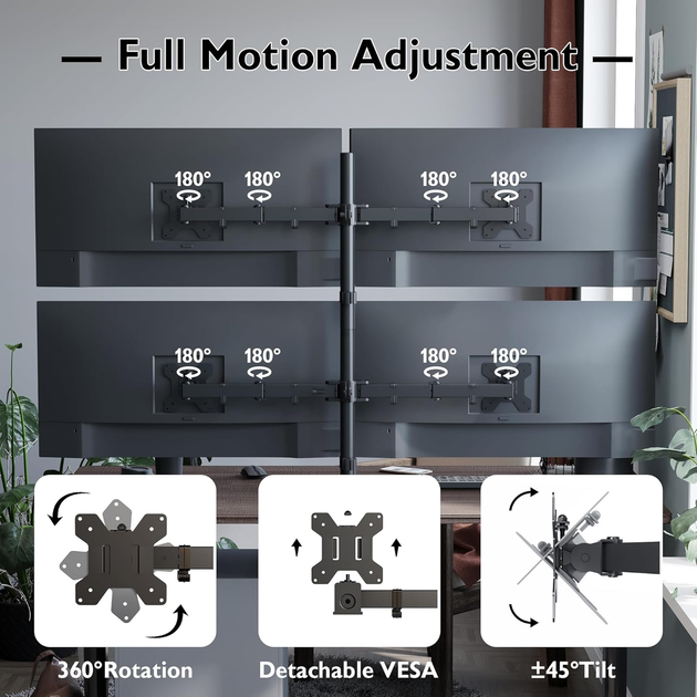 Кронштейн для 4 моніторів BONTEC 13–27″, регульований Quad Monitor Stand, VESA 75x75/100x100, до 10 кг - зображення 2