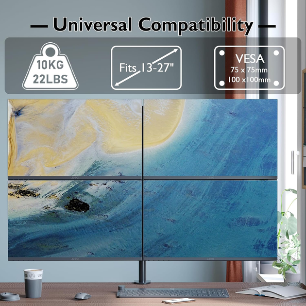 Кронштейн для 4 моніторів BONTEC 13–27″, регульований Quad Monitor Stand, VESA 75x75/100x100, до 10 кг - зображення 4