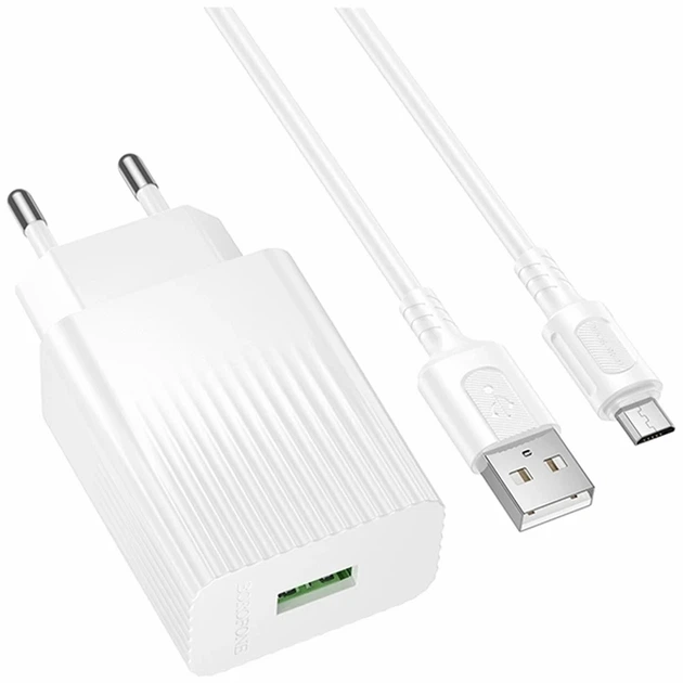 Сетевое зарядное устройство 18W USB QC3.0 100-240V Micro-USB Borofone BAS72A белый - Фото 1 Сетевое зарядное устройство 18W USB QC3.0 100-240V Micro-USB Borofone BAS72A белый - изображение 1
