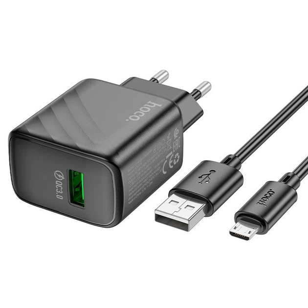 Мережевий зарядний пристрій з кабелем HOCO CS21A Rich single port QC3.0 charger set(Micro)(EU) Black - Фото 4 Мережевий зарядний пристрій з кабелем HOCO CS21A Rich single port QC3.0 charger set(Micro)(EU) Black - зображення 4