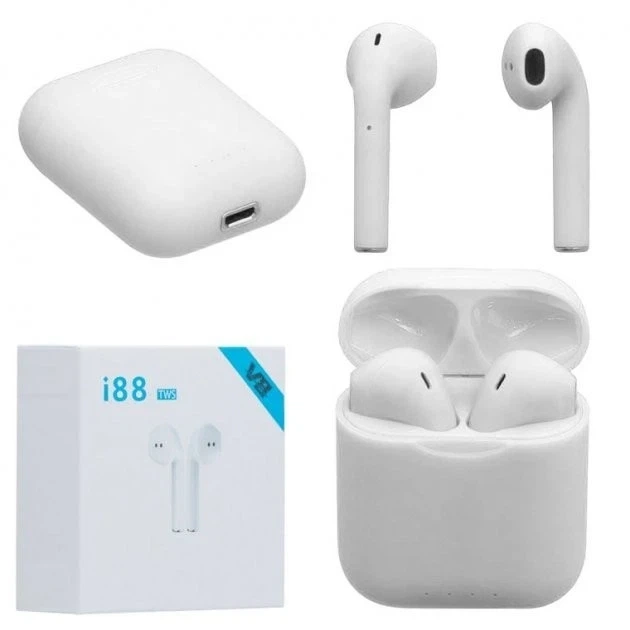 Bluetooth стерео гарнітура i88 TWS біла з мікрофоном 5 годин роботи 5.0 USB micro-usb пластик soft touch - зображення 5