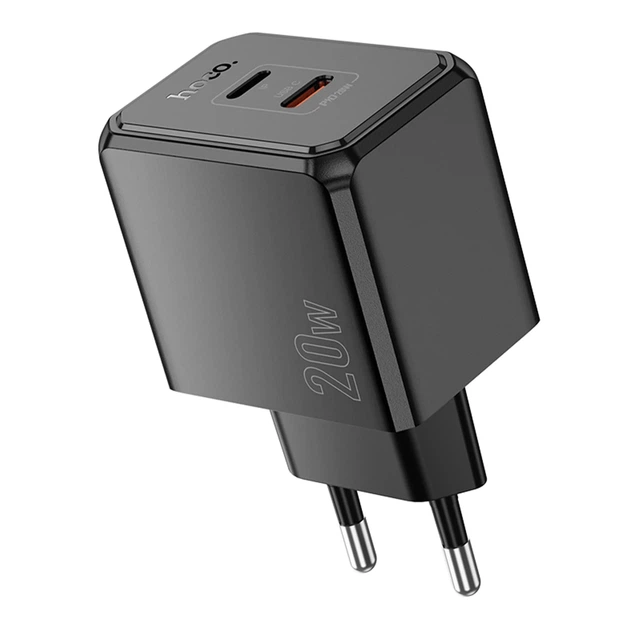 Мережевий зарядний пристрій Hoco CS16A 20W 1USB-C 1Lightning чорний для швидкого заряджання 100-240V - зображення 4