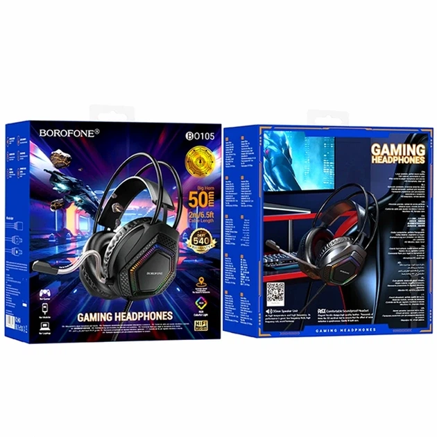 Игровые наушники Borofone BO105 Thunder 50мм USB AUX черные с RGB подсветкой для компьютера - изображение 2