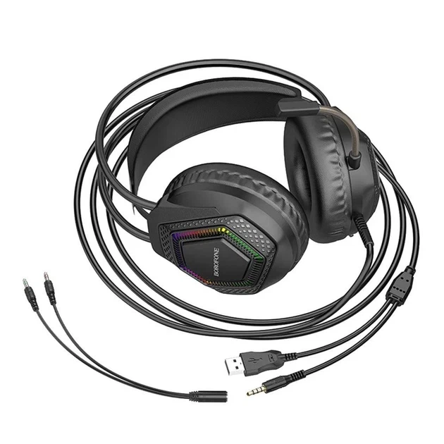 Игровые наушники Borofone BO105 Thunder 50мм USB AUX черные с RGB подсветкой для компьютера - изображение 3