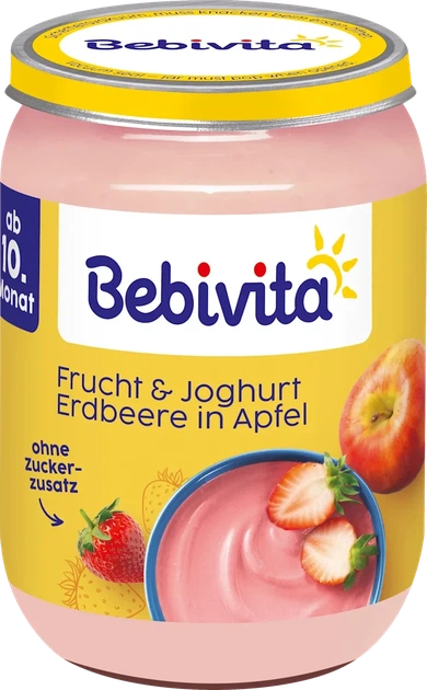 Фруктово - йогуртове пюре з ПОЛУНИЦЕЮ та ЯБЛУКОМ, TM Bebivita, для дітей з 10 місяців, 190 грам - Фото 1 Фруктово - йогуртове пюре з ПОЛУНИЦЕЮ та ЯБЛУКОМ, TM Bebivita, для дітей з 10 місяців, 190 грам - изображение 1