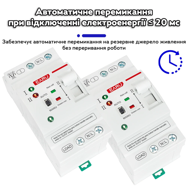 Автоматичний перемикач введення резерву (реле) EARU EAATS-F-CG-80A 2P (АВР/ATS) 1-фаза - зображення 2