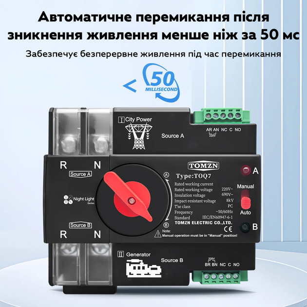 Автоматичний перемикач введення резерву (реле) TOMZN TOQ7-125/2P 125A 2P (АВР) 1-фаза - зображення 3