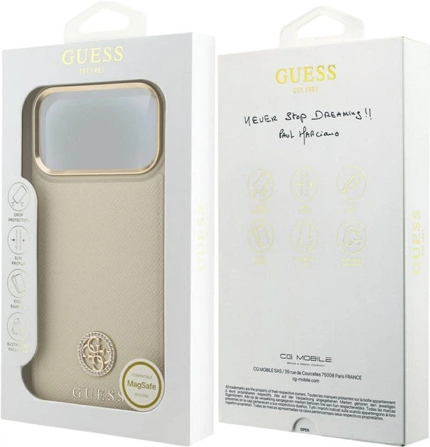 Etui Guess Grained Strass Logo MagSafe do Apple iPhone 17 Pro Max Beige (GUHMP17XPGCRMDEE) - obraz 8