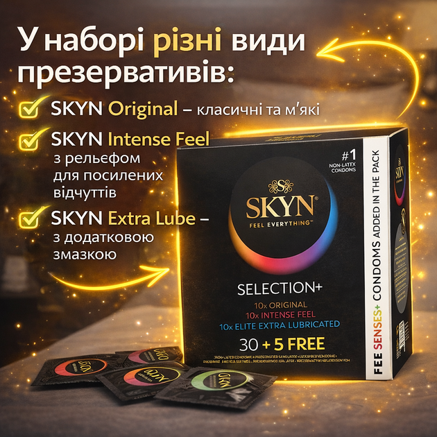 Презервативы SKYN безлатексные Selection 35 шт полиизопреновые гипоаллергенные набор SKYNFEEL с миксом классических, ребристых и дополнительно смазанных презервативов, skyns - изображение 2
