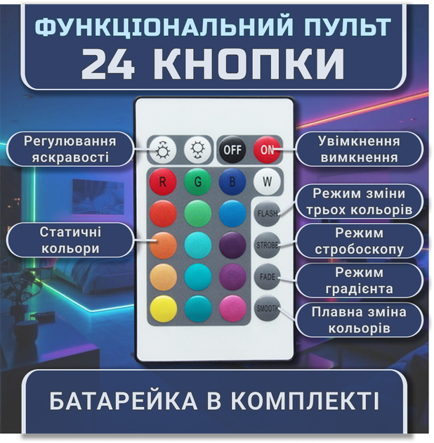 Светодиодная RGB лента комплект 20м с пультом на 24 кнопки и Bluetooth, 18 светодиодов на метр, USB 5V - изображение 5